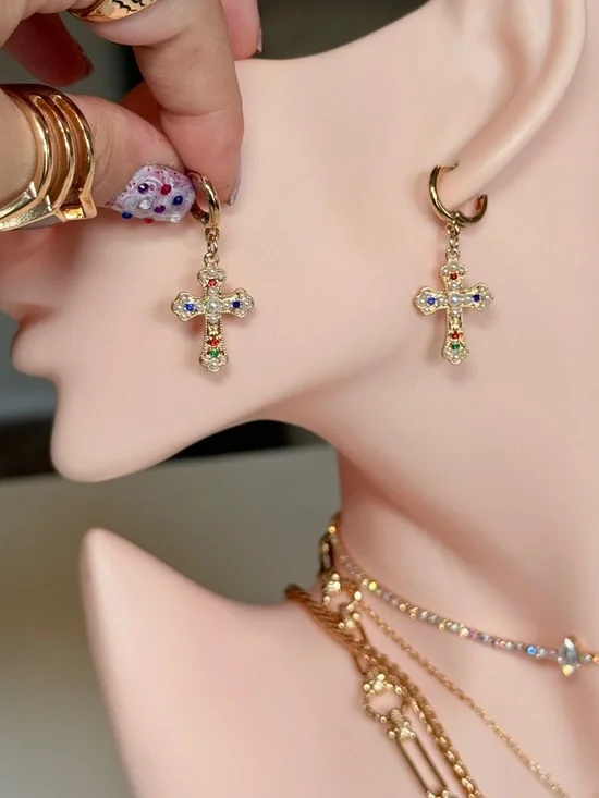 Gold Cross Pendant Huggie Earring with Multicolor Stones - Picture 4 of 12